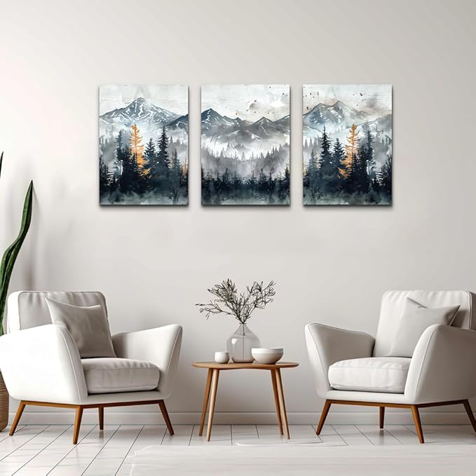 DZRWUBHS Canvas Wall Art for Bedroom Modern Wall Decor for Living Room Office Decorations Mountain Landscape Wall Pictures Foggy Forest Vintage Paintings Artwork Bathroom Home Decor Prints 3 Piece