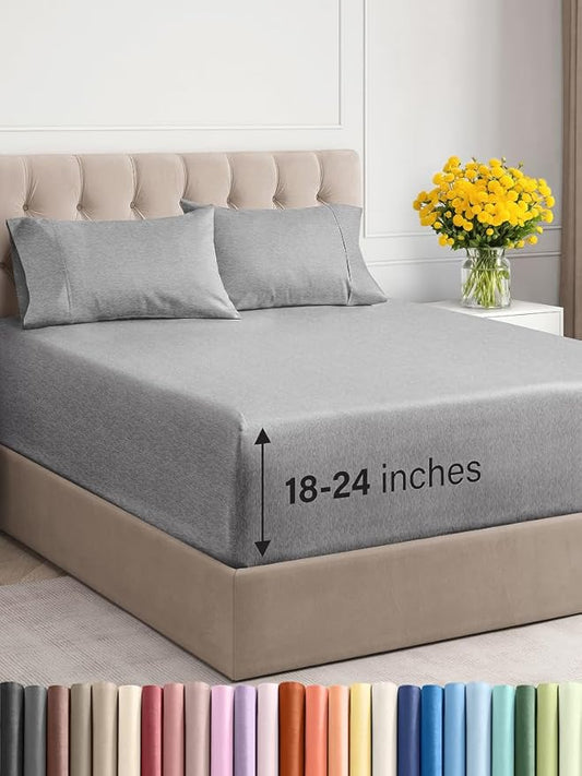 Extra Deep Twin Sheet Set - 4 Piece Breathable and Cooling Sheets - Hotel Luxury Bed Sheets Set - Easy Fit - Soft, Wrinkle Free and Comfy Sheets Set - Heathered Grey Sheet Set with Extra Deep Pockets