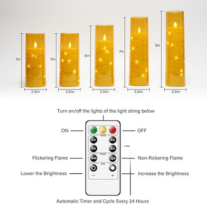 Flameless LED Candles with Timer 5 Pc Flickering Flameless Candles for Romantic Ambiance and Home Decoration Stable Acrylic Shell,with Embedded Star String，Battery Operated Candles（Gold）