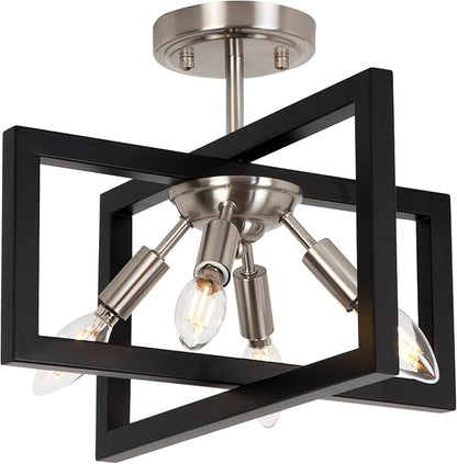 Semi-Flush Mount Ceiling Light - Modern Industrial Light Fixture Black and Brushed Nickel Chandelier,4-Light Farmhouse Ceiling Lamp for Kitchen Foyer Entryway Hallway Bedroom Closet