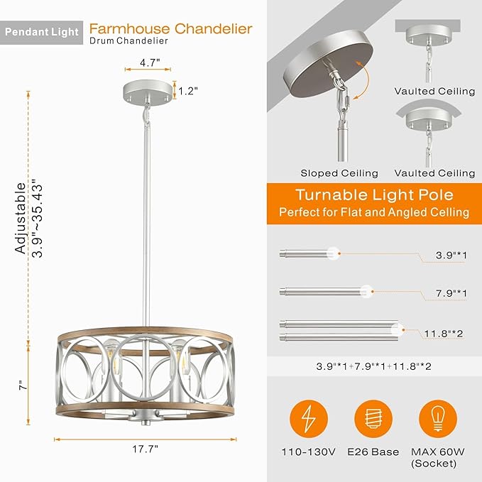 Light Fixture Ceiling Mount,4-Light Farmhouse Metal Semi Flush Mount Ceiling Light Fixture 15.7" (Silver),Rustic Chandeliers for Living Room Bedroom Dining Room Entryway Hallway Kitchen