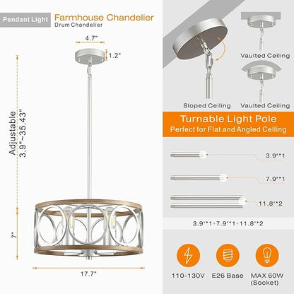Light Fixture Ceiling Mount,4-Light Farmhouse Metal Semi Flush Mount Ceiling Light Fixture 15.7" (Silver),Rustic Chandeliers for Living Room Bedroom Dining Room Entryway Hallway Kitchen