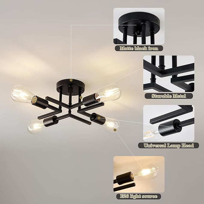 Industrial 4-Lights Semi Flush Mount Ceiling Light Fixture Modern Metal Black Sputnik Chandeliers with E26 Bulb Base Close to Ceiling Light for Kitchen Dining Room Living Room Hallway Bedroom Entryway