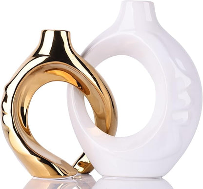 White Gold Ceramic Vase Set of 2 for Modern Home Decor,Round Boho Vase for Pampas Grass,Neutral Minimalist Vase for Dining Room Table Centerpiece Dining Room,Wedding Table Decoration
