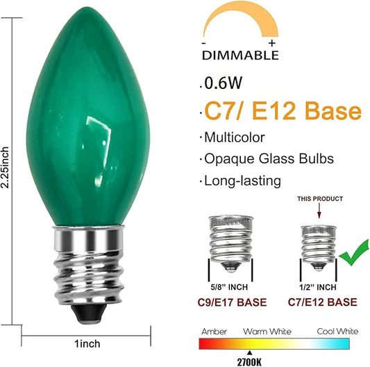 25 Pack C7 LED Replacement Christmas Light Bulb, C7 Green Replacemen Bulbs for Outdoor String Lights Window Candles Chandeliers Salt Lamp, E12 LED Bulb Dimmable, 0.6W Night Light Bulb -Green