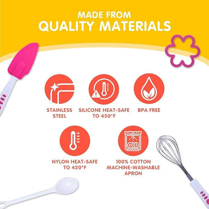 Curious Chef 11-Piece Pink and Green Chef's Kit for Kids, includes Real Cooking and Baking Tools, Dishwasher Safe and Made with BPA-Free Plastic