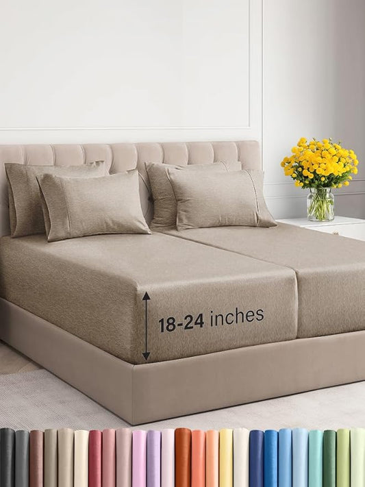 Extra Deep Split King Sheet Set - 7 Piece Breathable & Cooling Sheets - Hotel Luxury Bed Sheets Set - Easy Fit - Soft, Wrinkle Free & Comfy Sheets Set - Heathered Beige Sheet Set w/Extra Deep Pockets