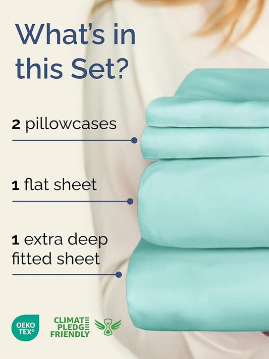 Extra Deep Twin Sheet Set - 4 Piece Breathable & Cooling Sheets - Hotel Luxury Bed Sheets Set - Easy & Secure Fit - Soft, Wrinkle Free & Comfy Sheets Set - Spa Blue Sheet Set with Extra Deep Pockets