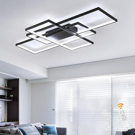 GEADI Modern Large Led Ceiling Light for Living Room,35.4" Black Dimmable Ceiling Lights for Bedroom with Remote Control,3 Rectangular Light Fixtures for Kitchen Dining Room Office, 3000-6500K