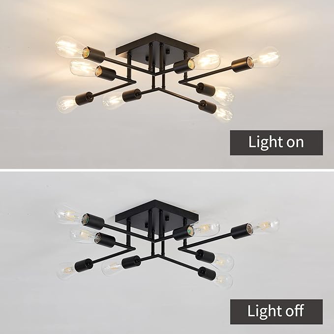 ASGYISA 8-Lights Semi Flush Mount Ceiling Light Fixture Modern Metal Black Sputnik Chandeliers with E26 Bulb Base Close to Ceiling Light for Kitchen Dining Room Living Room Hallway Bedroom