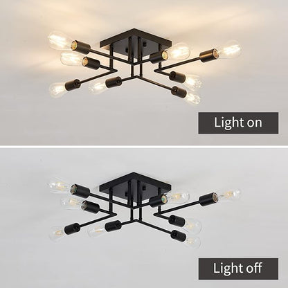 ASGYISA 8-Lights Semi Flush Mount Ceiling Light Fixture Modern Metal Black Sputnik Chandeliers with E26 Bulb Base Close to Ceiling Light for Kitchen Dining Room Living Room Hallway Bedroom