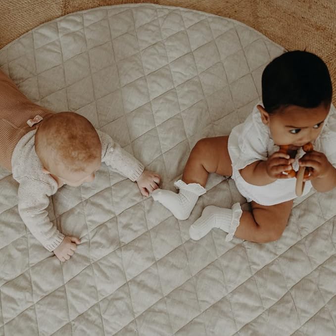 Frankie Lane French Linen.Reversible Playmat for Infants, Girl or boy. Nursery Decor Tummy time mat. Round Soft Indoor Area Padded Toddler Baby mat Rug Playroom Baby Floor mats (Natural)