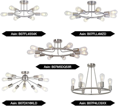 BONLICHT Sputnik Chandelier Brushed Nickel Modern Starburst Chandelier 6 Lights Semi Flush Mount Ceiling Light Industrial Vintage Dining Room Light Fixture UL Listed