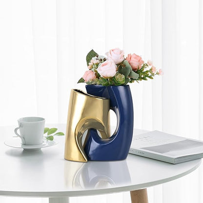 Blue and Gold Vase Set of 2, Nordic Modern Ins Style Vases, Boho Ceramic Vases for Centerpieces, Mid Century Abstract Donut Vase, Unique Funky Vase for Wedding, Decorative Pampas Grass Vase Decor
