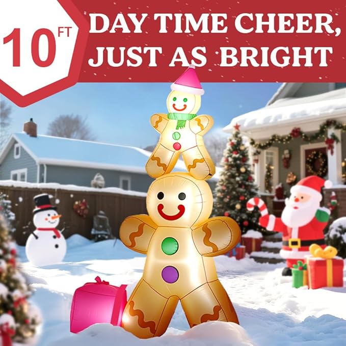 GARIG 10FT Christmas Inflatables Gingerbread Father and Son Outdoor Decorations, Christmas Blow Up Yard Decorations with Built-in LEDs for Xmax Outdoor Party, Yard, Garden