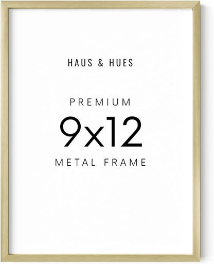 HAUS AND HUES 9x12 Gold Picture Frame - 9x12 Frame Aluminum, Vertical & Horizontal Hanging, Shatterproof Plexiglass - Ideal for Home, Room, Office Decor (9x12 in, Gold)