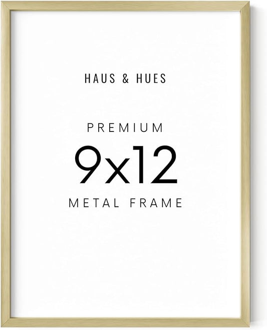 HAUS AND HUES 9x12 Gold Picture Frame - 9x12 Frame Aluminum, Vertical & Horizontal Hanging, Shatterproof Plexiglass - Ideal for Home, Room, Office Decor (9x12 in, Gold)