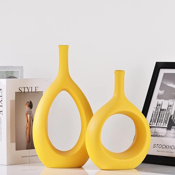 Yellow Ceramic Vase Set 2,Modern Hollow Circle with Hole Flower Vase for Home Decor,for Table Centerpieces,Farmhouse,Fire Place,Living Room,Bedroom,Office,Bookshelf,Rustic Decor