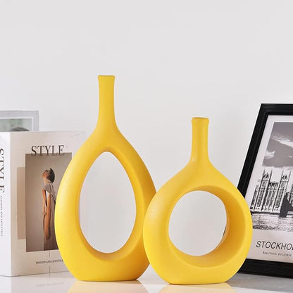 Yellow Ceramic Vase Set 2,Modern Hollow Circle with Hole Flower Vase for Home Decor,for Table Centerpieces,Farmhouse,Fire Place,Living Room,Bedroom,Office,Bookshelf,Rustic Decor