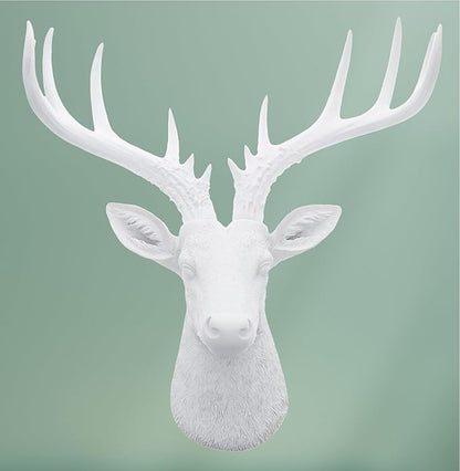 Top Brass 12 1/2" Faux White Deer Head/White Antlers Wall Decor - Modern Minimalism Taxidermy Art Sculpture