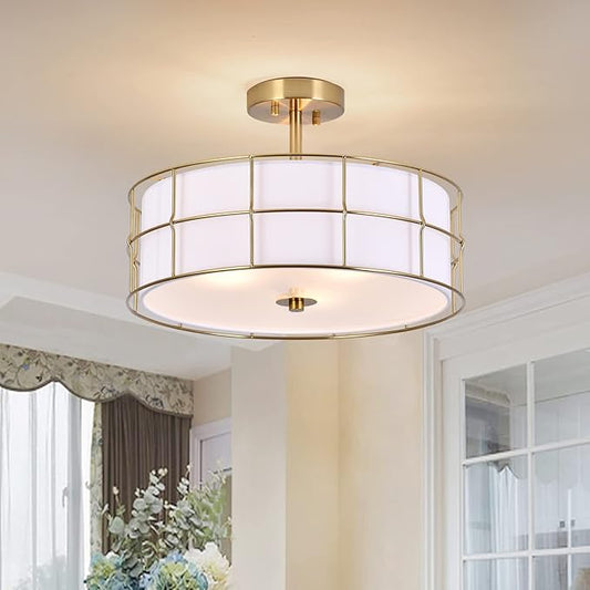 16" Semi Flush Mount Ceiling Light Fixture, 3-Light Golden Metal Mesh Drum Ceiling Light, Modern Close to Ceiling Light Fixtures with White Fabric Shade for Bedroom Living Room Kitchen Hallway