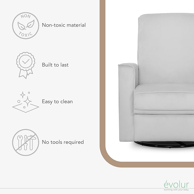 Evolur Raleigh Upholstered Plush Seating Glider Swivel, Recliner, Glider For Nursery In Misty Grey, Greenguard Gold Certified, Modern Nursery Recliner, Environmentally Conscious Glider