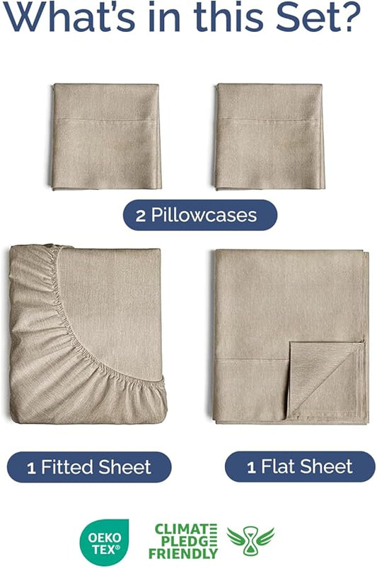 Extra Deep Twin Sheet Set - 4 Piece Breathable and Cooling Sheets - Hotel Luxury Bed Sheets Set - Easy Fit - Soft, Wrinkle Free and Comfy Sheets Set - Heathered Beige Sheet Set with Extra Deep Pockets