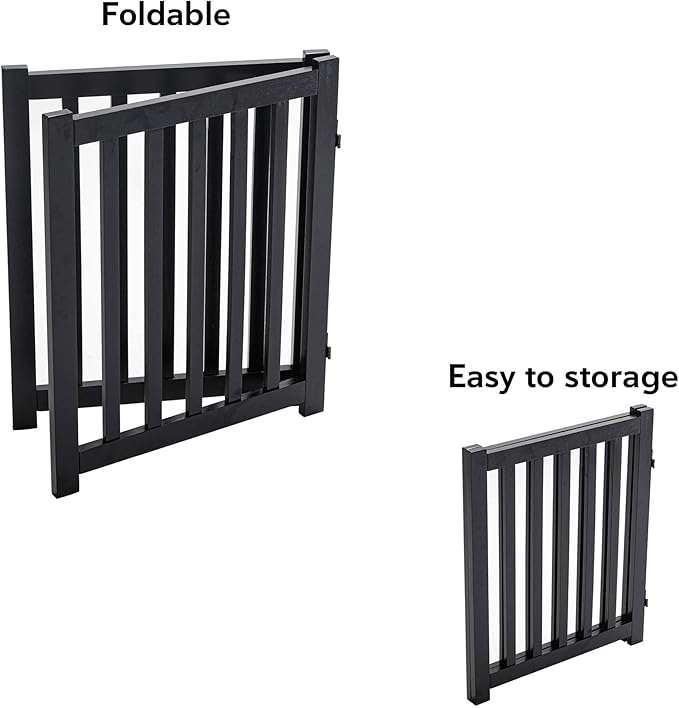 LZRS 2-Panel Wooden Free Standing Foldable Dog Gate – Solid Hardwood 24" High, Step-Over Safety Pet Gate for Doorways, Stairs & Small Spaces - Indoor Use, Black