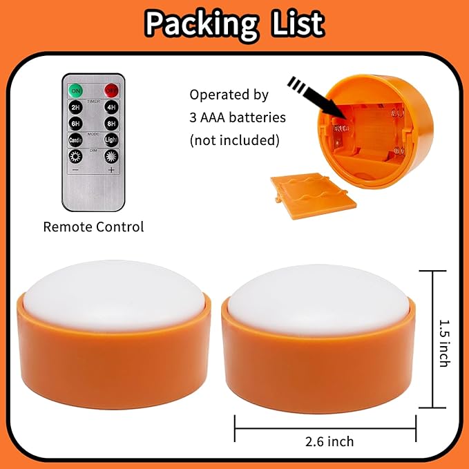 Halloween LED Pumpkin Lights, 2 Pack Battery Operated Jack-O-Lantern Lights with Remote Control and Timers, Orange Flickering Flameless Candles Ideal for Halloween Pumpkin Decorations