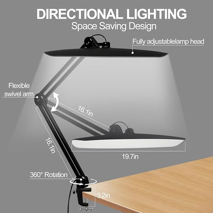 20" LED Desk Lamp with Clamp, 24W CCT Adjustable Dimmable Nail Light for Desk, 120 LEDs Metal Swivel Arm Daylight for for Nail Tech Task Home Office Reading Architect Craft, Black