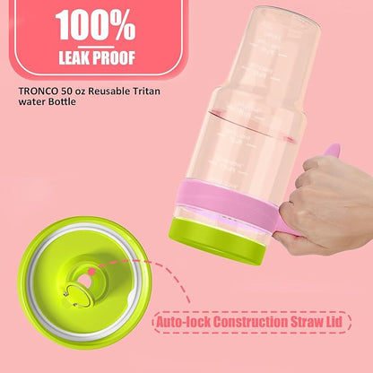 Tronco 50 oz Tritan Plastic Tumbler with Lid and Straw, BPA-Free Reusable Clear Water Bottle with Time Marker, 100% Leak Proof & Wide Mouth for Iced Coffee, Juice, Bubble Tea, Smoothies