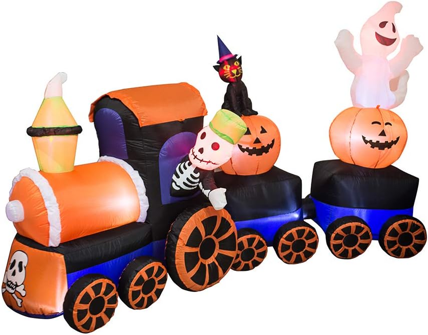 AJY 9 Feet Halloween Inflatable Train with Kittens White Ghosts/Pumpkin with LED Lights Blow up Lighted Yard Decor Giant Lawn Halloween Inflatable Home Garden Party Favor Decoration