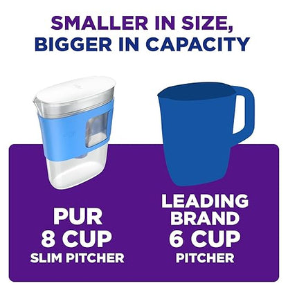 PUR Water Filter Pitcher Slim Design 8 Cup Capacity with 1 Filter, Dishwasher Safe, Faster Filtration, Water Purifier for Cleaner, Great Tasting Water, Ideal for Compact Space, Dorm Room, Tangerine
