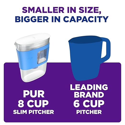 PUR Water Filter Pitcher Slim Design 8 Cup Capacity with 1 Filter, Dishwasher Safe, Faster Filtration, Water Purifier for Cleaner, Great Tasting Water, Ideal for Compact Space, Dorm Room, Tangerine