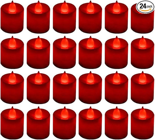 LANKER 24 Pack Flameless Led Tea Lights Candles, Flickering Red Battery Operated Electronic Fake Candles, Decorations for Wedding, Party, Christmas, Halloween (Red)