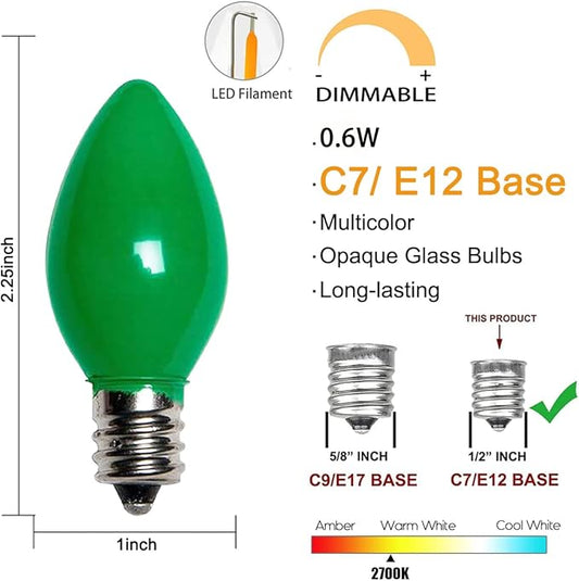 25 Pack C7 LED Multicolor Christmas Replacement Light Bulbs, C7 Vintage Multicolor Ceramic LED Bulbs for Christmas Outdoor Indoor String Lights, E12 Candelabra Base, 0.6 Watt, Saving Enengy LED Bulbs