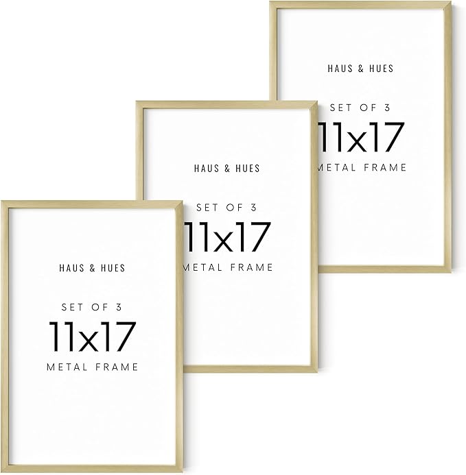 HAUS AND HUES 11x17 Gold Metal Picture Frames - Features Premium Aluminum, Vertical & Horizontal Hang, Shatterproof Plexiglass - Perfect for Home, Room, Office (11x17 in, Gold, Set of 3)