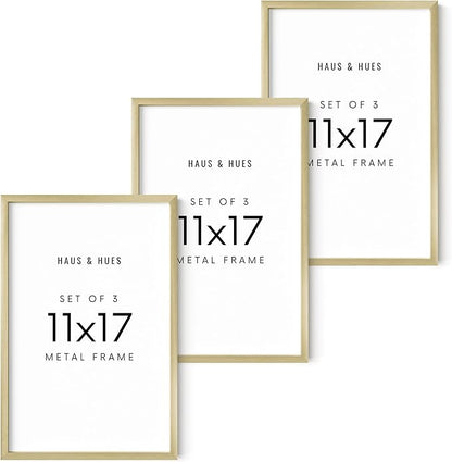 HAUS AND HUES 11x17 Gold Metal Picture Frames - Features Premium Aluminum, Vertical & Horizontal Hang, Shatterproof Plexiglass - Perfect for Home, Room, Office (11x17 in, Gold, Set of 3)