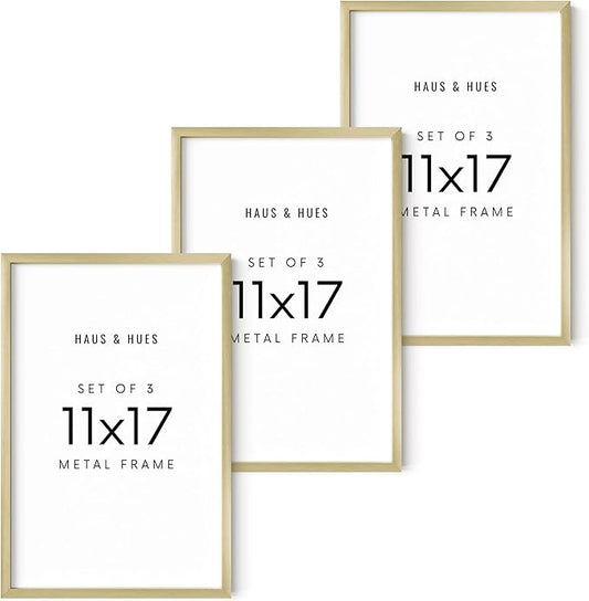 HAUS AND HUES 11x17 Gold Metal Picture Frames - Features Premium Aluminum, Vertical & Horizontal Hang, Shatterproof Plexiglass - Perfect for Home, Room, Office (11x17 in, Gold, Set of 3)