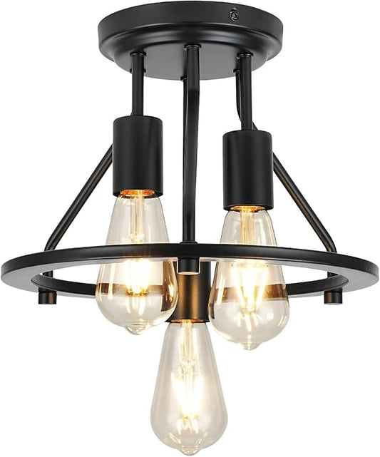 WILON Semi Flush Mount Ceiling Light 3-Light Ceiling Light Fixtures - Black Hallway Light Fixtures Farmhouse Industrial Kitchen Light Fixtures E26 Socket Ceiling Lamp for Foyer