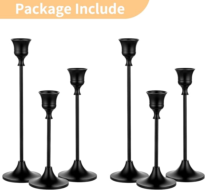 Nuptio Black Candle Holder Candlestick Holders Candle Sticks Holder Tapered Candle Holder, Taper Candle Holders for Wedding Christmas Party Mantel Dinner Home Decoration 2 Sets(6 Pcs)
