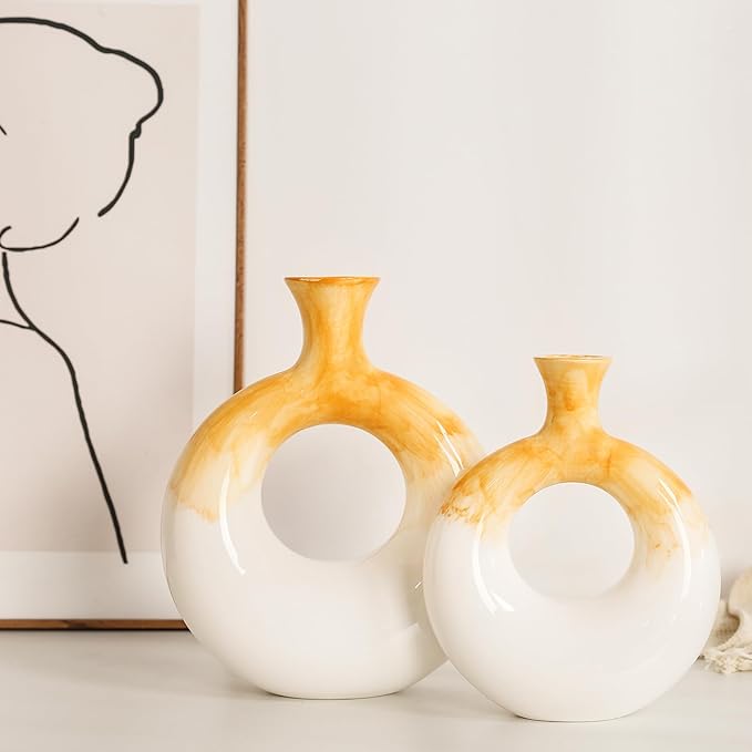 Ceramic Donut Vase Set of 2,Yellow and White Vases for Home Decor,Circle Decorative Vase for Centerpieces,Boho Pampas Vase for Office Wedding Dinner Table Living Room,Modern Flower Vase