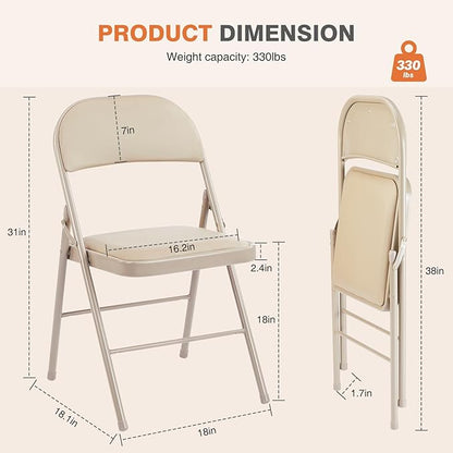 Sweetcrispy Folding Chair 8 Pack, Leather Padded Folding Chairs, Sturdy Metal Foldable Chairs, Easy to Use and Store, Outdoor and Indoor, for Home, Office, Party, Comfy, Kahki