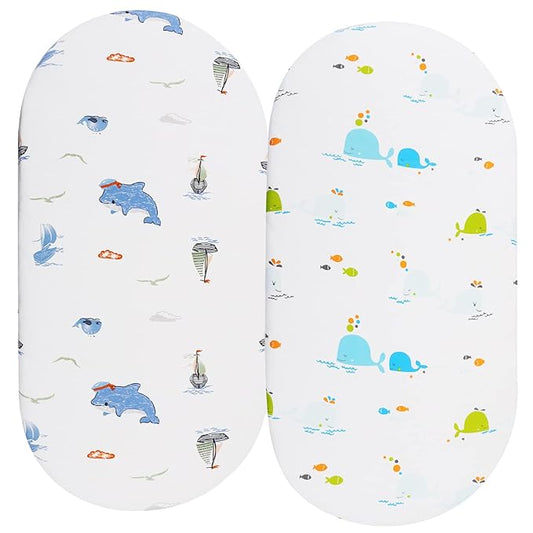 Bassinet Sheets Compatible with 4moms Breeze Plus Bassinet(not playard), 2 Pack, 100% Jersey Knit Cotton 190GSM, Ultra Soft Breathable, Dolphin and Whale