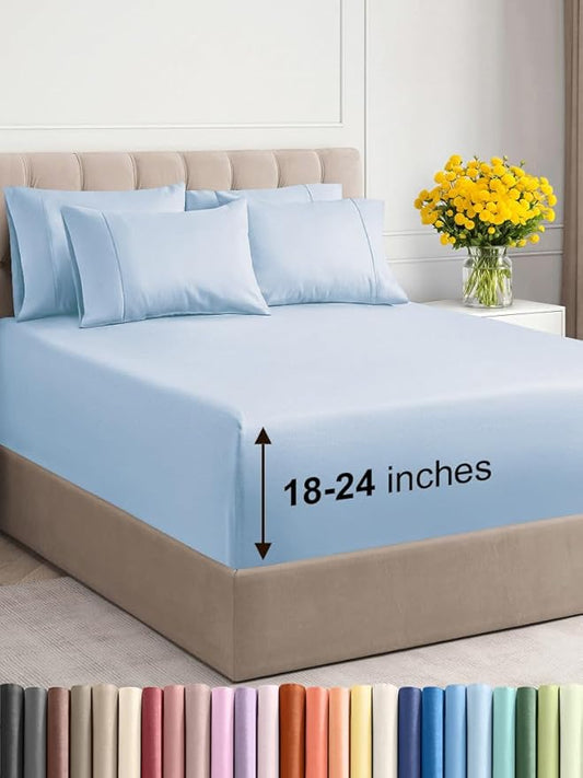 Extra Deep King Sheet Set - 6 Piece Breathable & Cooling Sheets - Hotel Luxury Bed Sheets Set - Easy & Secure Fit - Soft, Wrinkle Free & Comfy Sheets Set - Sky Blue Sheet Set with Extra Deep Pockets
