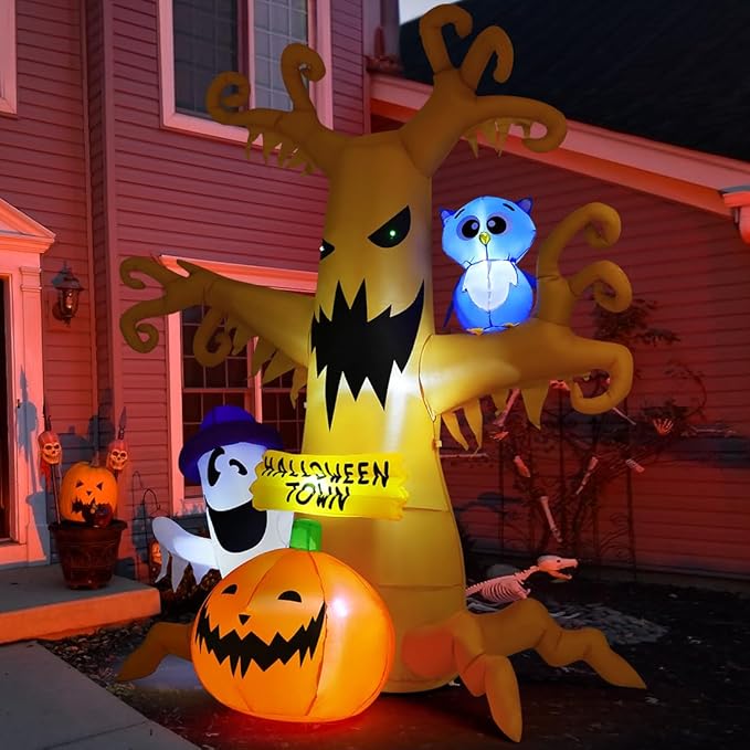 GOOSH 8 FT Halloween Inflatables Dead Tree Outdoor Decorations with Owl Ghosts and Pumpkins, Blow Up Yard Decorations with Built-in LED Lights for Outdoor Party Garden Lawn Decor