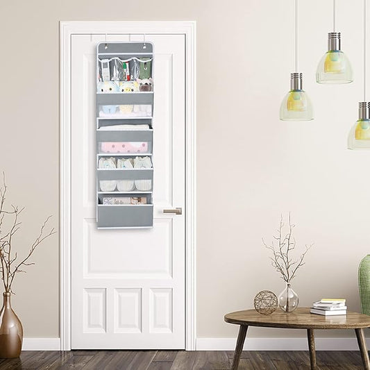 Univivi Door Hanging Organizer Nursery Closet Cabinet Baby Storage with 4 Large Pockets and 3 Small PVC Pockets for Cosmetics, Toys and Sundries with Gift Box (Grey)