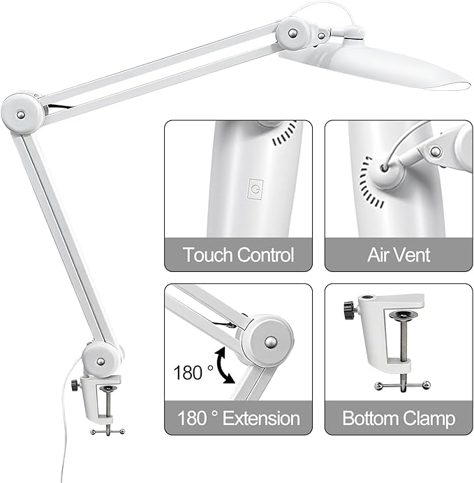 20" LED Desk Lamp with Clamp, 24W CCT Adjustable Dimmable Nail Light for Desk, 120 LEDs Metal Swivel Arm Daylight for for Nail Tech Task Home Office Reading Architect Craft, White