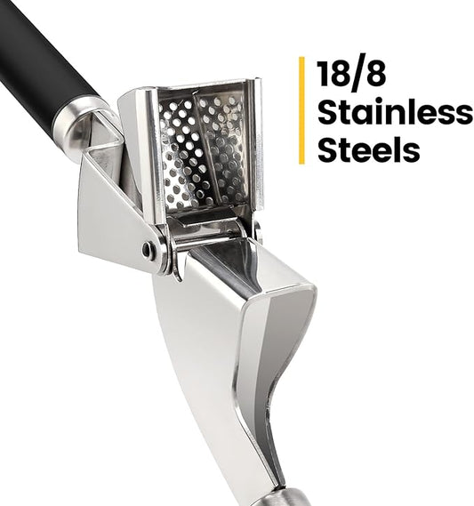 Garlic Press Mincer, 304 Stainless Steel Garlic Press with Garlic Peeler Tube, Heavy Duty Metal Ginger Press, Black
