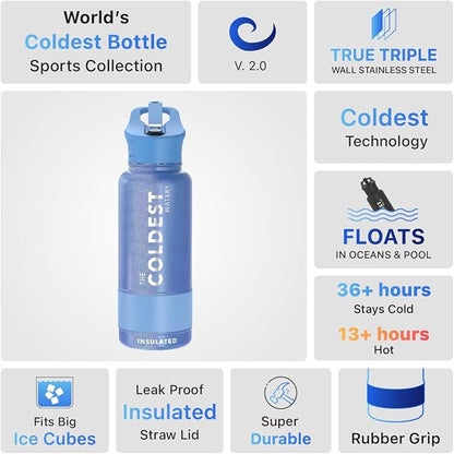 Coldest Sports Water Bottle with Straw Lid Vacuum Insulated Stainless Steel Metal Thermos Bottles Reusable Leak Proof Flask for Sports Gym (32 oz, Galactic Blue Glitter)
